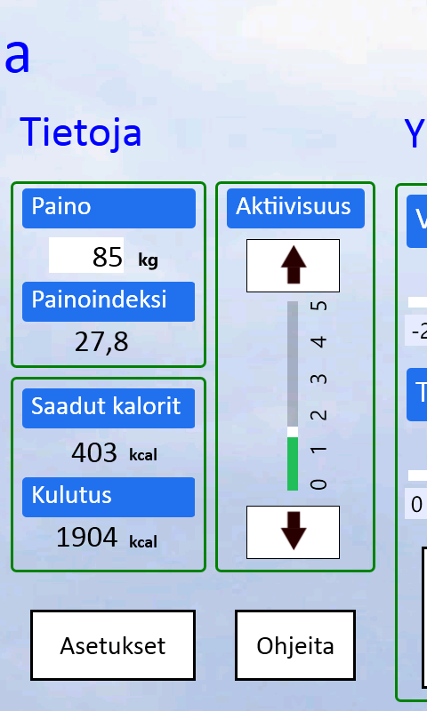 tasuoritusten kuluttama energiamäärä vähennetään heti eli arvo voi myös pienentyä päivän aikana. Ylläoleva sivu kertoo, että henkilön laskennallinen kulutus on 1904 kcal päivässä.