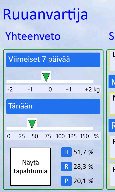 Yhteenveto-sivulta näet seuraavat tiedot: Viimeiset 7 päivää Otsikon alla olevalla asteikolla näet ohjelman laskeman painosi muutoksen viimeisen seitsemän päivän aikana.