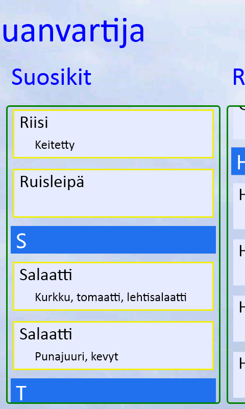 6. Suosikit-sivu Suosikit-sivulle voit valita ruoka-aineita, joita nautit usein. Tällöin löydät ne huomattavasti nopeammin kuin etsimällä niitä Ruuat ja juomat sivulta pitkästä listasta.