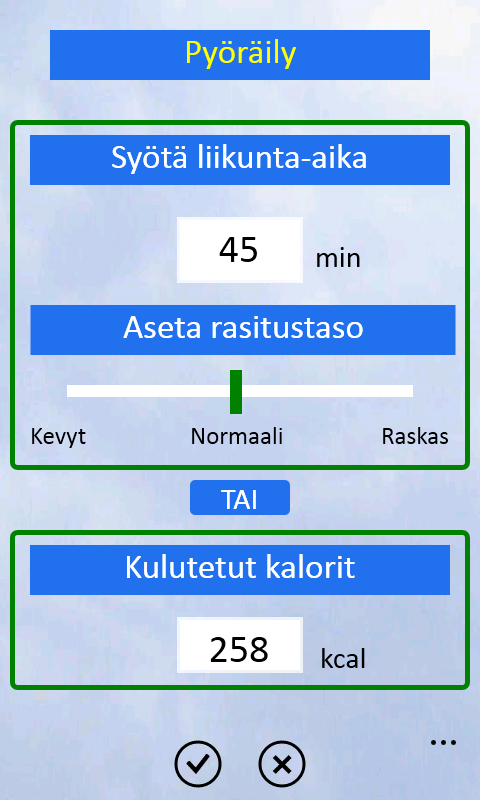 Esimerkkitapauksessa pyöräily olisi kuluttanut 258 kcal.