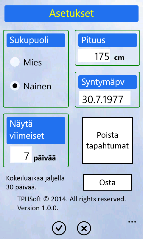 Poistu Ohjeita-sivulta painamalla tai -painiketta. Näin siirryt ohjelman Tietoja-sivulle. Tietoja-sivu on ns. päätason sivu.