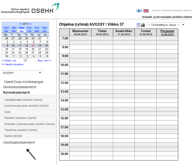 20 KUVA 1: Lukujärjestyskalenteri. Klikkaamalla nuolen osoittamaa Opintojaksokalenterit kohtaa pääset katsomaan haluamasi opintojakson aikataulun (Kuva 2).