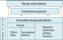 5 - ammatillinen opettajakorkeakoulu (60 op) - täydennyskoulutus - avoin ammattikorkeakoulu Kuvio 2: Oulun seudun ammattikorkeakoulun koulutustarjonta Ammattikorkeakoulututkinnon voi suorittaa joko