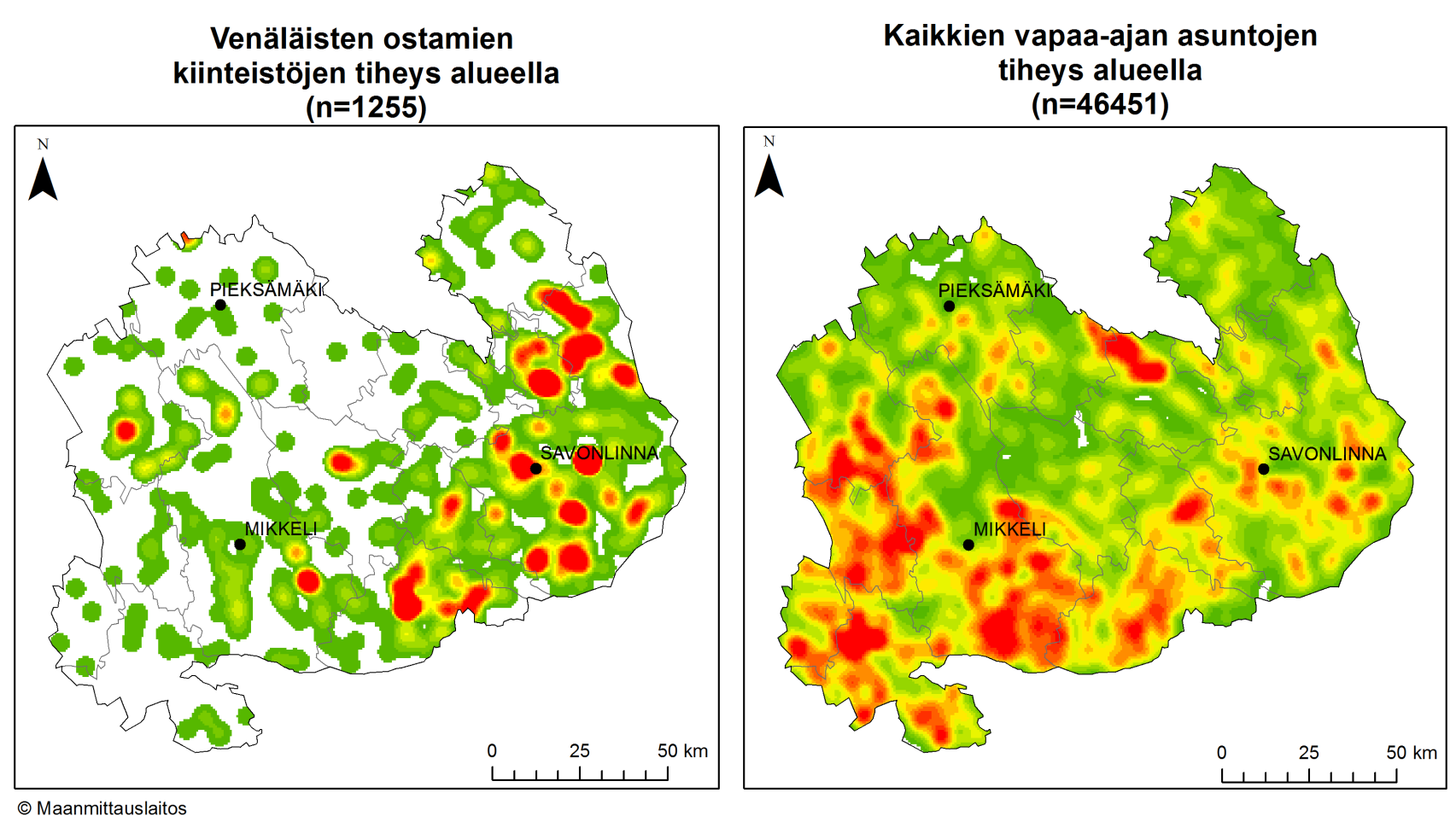 2.5 Venäläisten ostamien kiinteistöjen sijainti verrattuna alueen kaikkiin lomarakennuksiin Venäläisten ostamat
