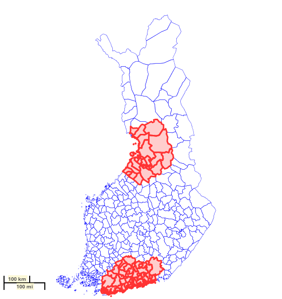 20 Kuva 2. Oulusta ja Helsingistä 100 kilometrin säteellä olevien kuntien rajat (Paikkatietoikkuna 2016).