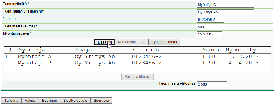 Kuva 2: Taulukoiden käsittely Taulukoita sisältävillä sivuilla (esim. Hakijan de minimis -tuet) taulukon rivin tiedot lisätään Lisää rivi -painikkeella.