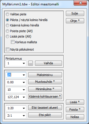 3.2.2 Editointi Toiminnolla Maastomalli Editoi voit editoida tekemääsi kolmioverkkoa. Jos käytössä on useita malleja, kohdistuu toiminto aina aktiiviseen malliin, joka näkyy dialogin yläpalkissa.