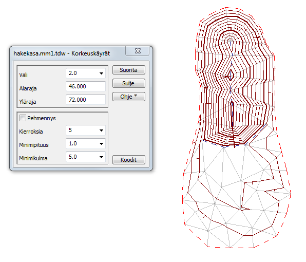 4.2 Korkeuskäyrät Tyhjennä edelliset tiedostot ja avaa tiedosto hakekasa.xy. Tee alueelle kolmiointi maksimisivunpituudella 50. Avaa toiminto Maastomalli Korkeuskäyrät Laske.