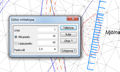 4.5.2 Mittalinjan editointi Avaa toiminto Maastomalli Mittalinja Editoi, jolla voi tihentää tai harventaa tehtyä mittalinjaa. Toiminnolla ei kuitenkaan voi muuttaa mittalinjan paikkaa.