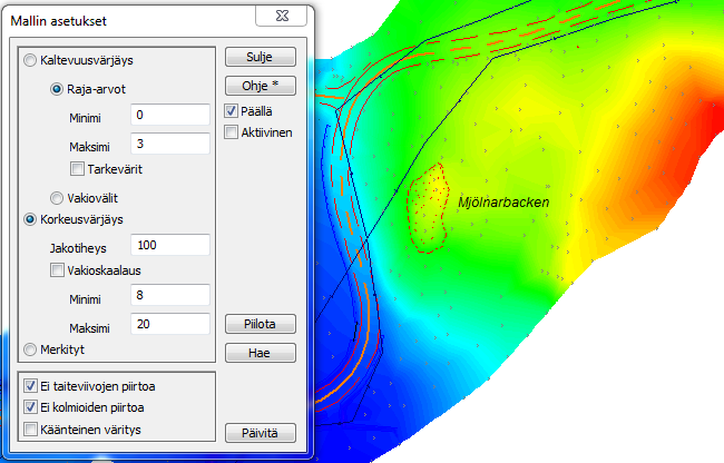 4.6.6 Mallin asetukset Toiminnolla Maastomalli Asetukset voidaan helpottaa muodostetun maastomallin tulkintaa. Maastomalli voidaan värjätä korkeuden tai kolmioiden kaltevuuden mukaan.