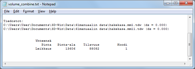 5.5.1 Yhdistä mallit -menetelmä Valitse toiminto Maastomalli Yhdistä mallit, valitse menetelmäksi Eropinta ja massat, yläpinnaksi *.mm1, alapinnaksi *.mm11 ja paina Suorita.