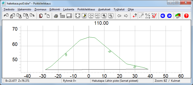 5.5.3 Poikkileikkausmenetelmä Käytetään samoja tiedostoja kuin äskeisessä esimerkissä (pinnat 1 ja 11). Käynnistä toiminto Maastomalli Mittalinja Tee.