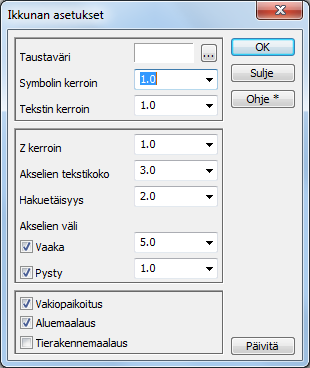 6.5.2 Ikkuna Poikkileikkausikkunan asetukset. Taustaväri -kohtaan voidaan valita ikkunan taustaväri vapaasti väripaletista. Kun kuva tulostetaan paperille, käytetään kuitenkin aina valkoista taustaa.