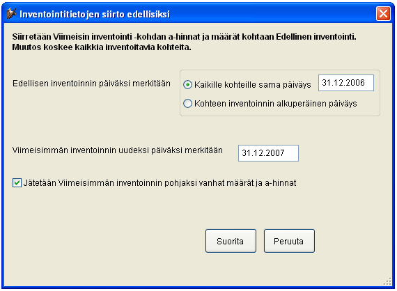 Siirron jälkeen riittää, että tallennetaan inventoitaville kohteille uudet määrät ja a-hinnat. Haluttaessa pohjalle voidaan jättää vanhat määrät ja a-hinnat.