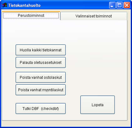 Ongelmatilanteet Ongelmatilanteissa ohjelma yleensä katkeaa. Kun ohjelma käynnistetään uudelleen, kannattaa aina ensimmäiseksi suorittaa Tietokantahuolto.