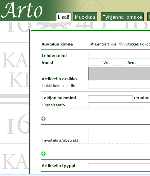 Artikkelimetatiedot ARTOon? https://wiki.helsinki.fi/pages/viewpage.action?pageid=112442496 Tallennus Artiva-lomakkeella, haravointi ARTOon tai valmiiden metatietojen hyödyntäminen ARTOssa?