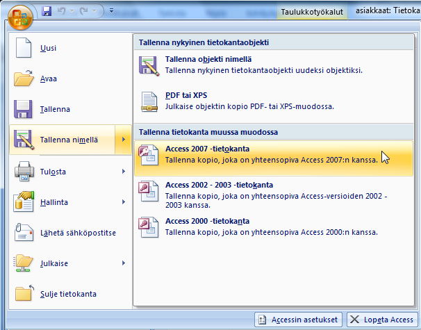 Tietokannat Microsoft Access 2007 13/26 Office-painike (Office Button) Myös Accessin asetukset löytyvät nyt täältä!