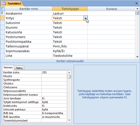 Tietokannat Microsoft Access 2007 18/26 Taulukkoon tulevat kentät kirjoitetaan allekkain omille riveilleen.