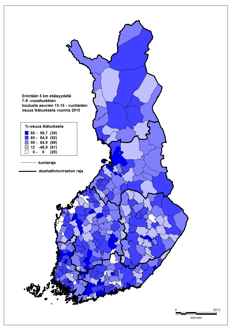 29 Kartta 2. Perusopetuksen vuosiluokkien 7 9 saavutettavuus vuonna 2015 (lähde: Aluehallintovirastot). Perusopetusta antavien koulujen määrä on vähentynyt vuosien 2008 2014 välillä 490 koululla.