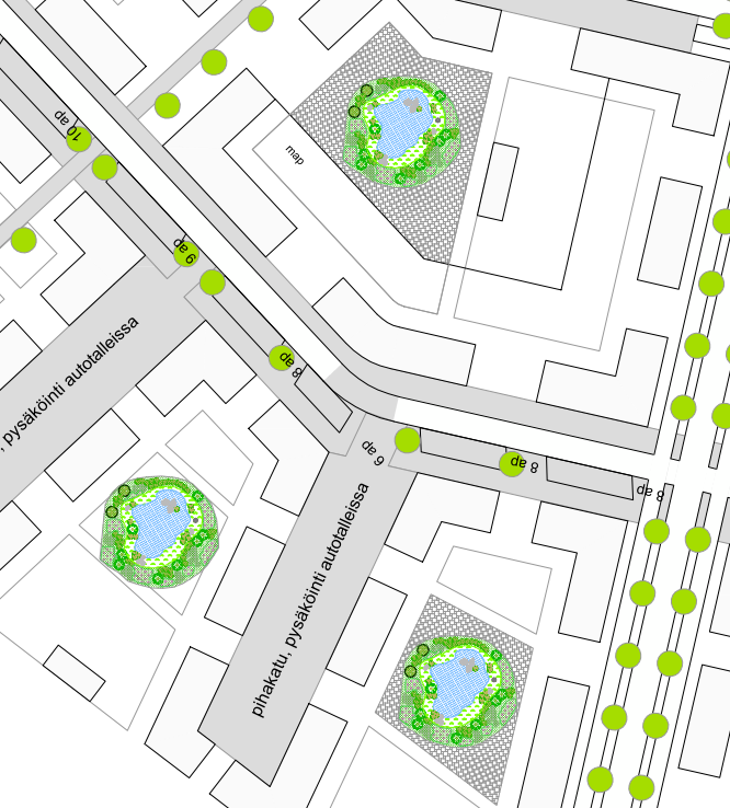 Kuva 12. Sadepuutarhan tyyppikuva paikalliseen hulevesien hallintaan. Alueen luonteen johdosta katualueiden kuivatus hoidetaan hulevesiviemäröinnillä.