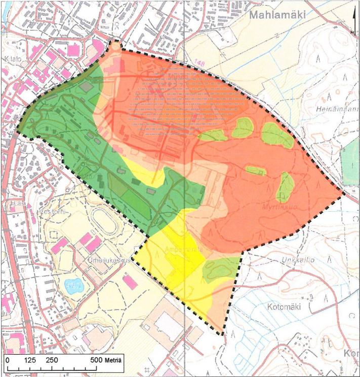 Kuva 6. Pohjavesikaavio Geologian tutkimuskeskuksen keilausten mukaan. Rajauksena pohjavesialueet suunnittelualueella.