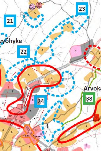 Eteläkaaren eteläpuolelle osoitettu työpaikka-alue (TP) tulee muuttaa taajamatoimintojen alueeksi (A). Vähäheikkilässä olevaa erityisaluetta (E) tulee pienentää.