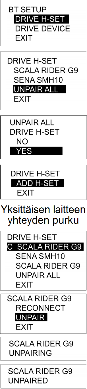 AUDIOLAITTEISTO Bluetooth-toiminnot Bluetooth-laiteparin yhteyden purku 1. Hae valikoista BLUETOOTH SETUP MENU äänenvoimakkuuden säätönäppäimillä. 2.