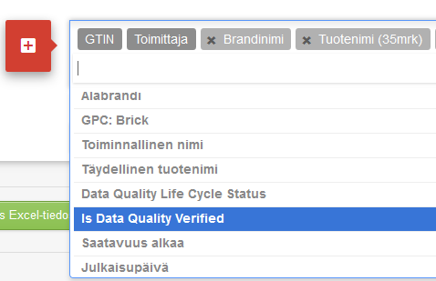 Punaisesta +-painikkeesta voit lisätä hakutulokseen sarakkeita. Klikkaa painiketta ja valitse listalta yksitellen haluamasi tiedot. Tallenna antamasi saraketiedot.