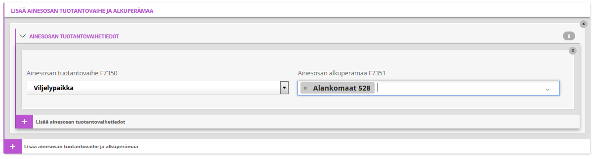 Ainesosan tuotantovaihe F7350 Ainesosan alkuperämaa F7351 Käytännön vinkki! Tuotteen alkuperätiedot voi ilmoittaa tuotetietopankkiin tarkemmalla tasolla kun vain antamalla tuotteen valmistusmaan.