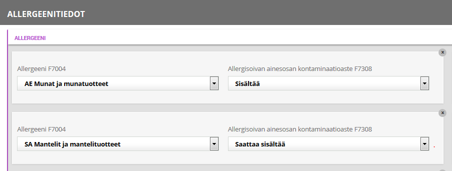 Hiilimonoksidi: Määrä F7194 ja Hiilimonoksidi: Mittayksikkö F7269 Vitamiinit/mineraalit F7031 Mittaustarkkuus F7312 % RDA F7034 Määrä F7032 ja Mittayksikkö F7033 Ravitsemuksellinen ominaisuus F7343