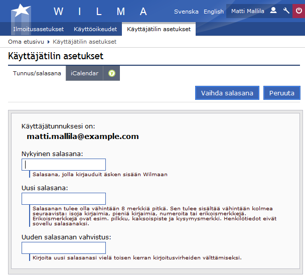 4.2 Nimen- ja sähköpostin muutokset Käyttäjä voi itse muuttaa nimensä ja sähköpostiosoitteensa Wilmassa Ilmoitusasetukset-sivulla (ed. kuvassa linkki ei näy..).