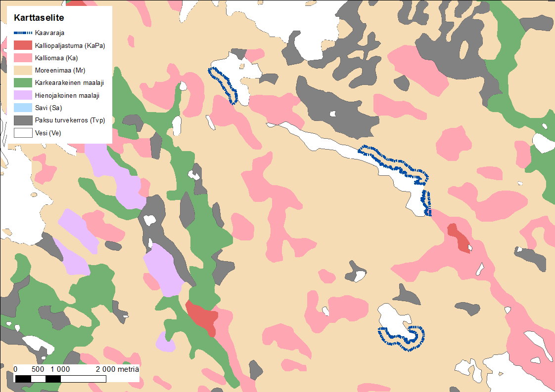 Kaavaselostus, luonnos 7 (33) Kuva 3. Mäntylammen seudun maaperäkartta (Digitaalinen maaperäkartta 1:200 000 aineistoa muokattuna Geologian tutkimuskeskus 2014).