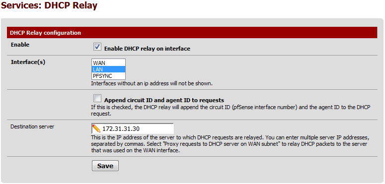 46 KUVIO 16. pfsense-palomuurin NAT-määritykset DMZ-alueen palvelimia varten DHCP:n toiminnan kannalta oli oleellista se, että pfsenseen oli konfiguroitu DHCP Relay.