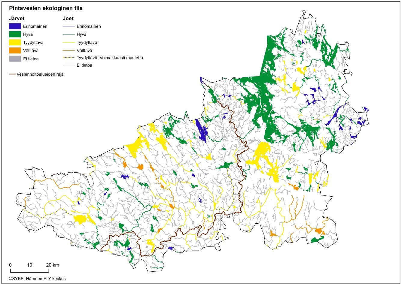 Kuva 14. Vesimuodostumien ekologinen luokittelu (2013) Kuvassa 15 on esitetty luokiteltujen pintavesien tila suhteutettuna jokikilometreihin ja järvien pinta-alaan.