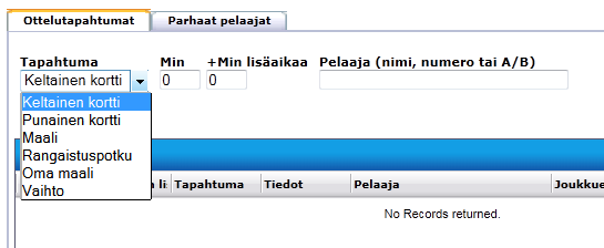 LIVE-PÖYTÄKIRJAN TÄYTTÖ VOIT VALITA SEURAAVISTA OTTELUTAPAHTUMISTA: - KELTAINEN KORTTI - PUNAINEN KORTTI - MAALI - RANGAISTUSPOTKU - OMA MAALI -VAIHTO SEURAAVILLA SIVUILLA ON ESITETTY ERI