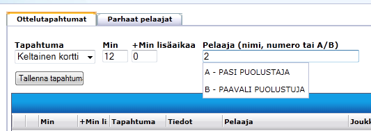 LIVE-PÖYTÄKIRJAN TÄYTTÖ / KELTAINEN/PUNAINEN KORTTI 1. VALITSE TAPAHTUMA 2.