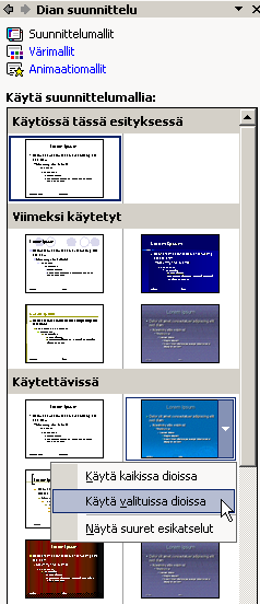 Esitysgrafiikka Microsoft PowerPoint 15/31 Suunnittelumallin valitseminen PowerPointissa on valmis valikoima suunnittelumalleja, joilla esitykseen saa nopeasti näyttävän ja yhtenäisen ulkoasun.