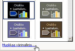 Esitysgrafiikka Microsoft PowerPoint 25/31 Liukuvärjäys voidaan tehdä yhdellä värillä, kahdella värillä tai valmiilla värimalleilla.