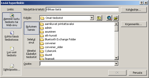 Esitysgrafiikka Microsoft PowerPoint 27/31 Hyperlinkin tekeminen tiedostoon, www-sivulle tai toiseen diaan Esitykseen voi määritellä hyperlinkkejä, joiden napsauttaminen voi mm.