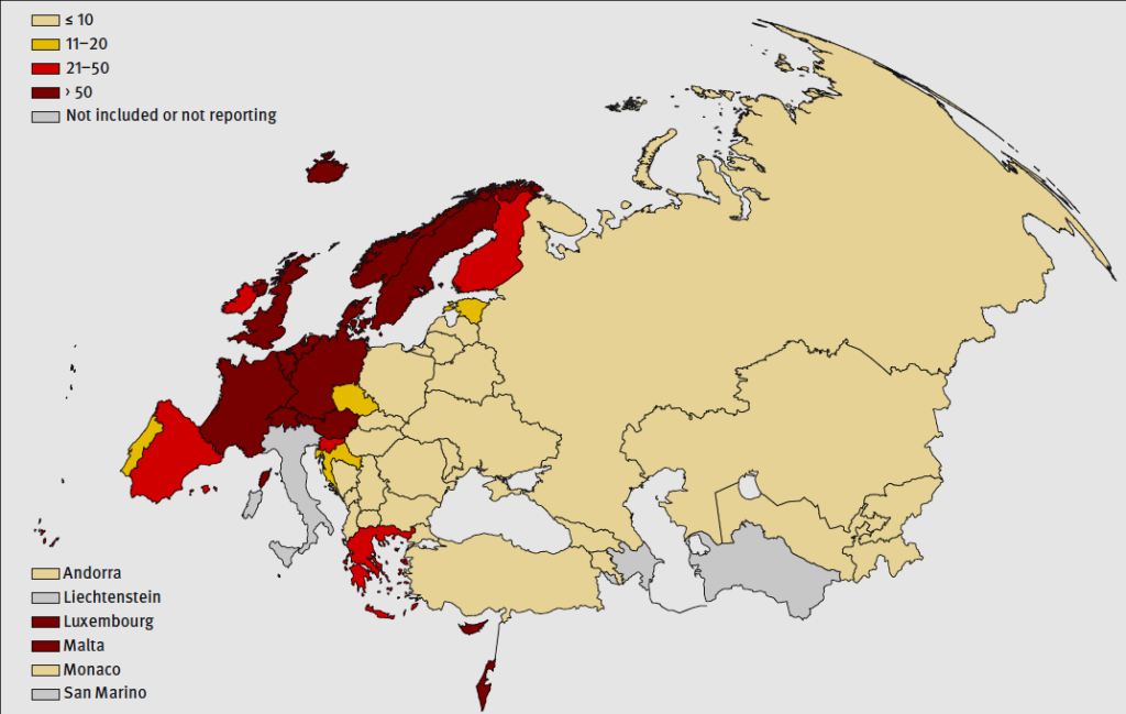 Tuberkuloosiin kuoli vuonna 2014 WHO:n Euroopan alueella arviolta 33 000 ihmistä. Kuva 11. Tuberkuloosikuolleisuus WHO:n Euroopan alueella 2014. Lähde: ECDC Surveillance report.