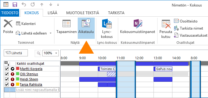 Tapaamisen ajoittaminen Kokouksen järjestäminen 2. Valitse Uusi kokous. 3. Täytä tiedot Aihe- ja Sijainti-kenttiin ja määritä alkamis- ja päättymisaika. 2. Valitse valintanauhassa Uusi tapaaminen. 4.