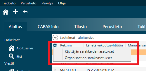 Organisaatiotasolla CABAS-ylläpitäjä päättää, mitkä sarakkeet ovat pakollisia organisaation CABAS-järjestelmässä. Sarakkeiden otsikot merkitään riippulukoilla organisaatiosarakkeiden Asetusvalikossa.