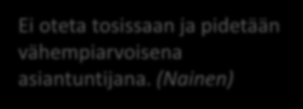 Ei oteta tosissaan ja pidetään vähempiarvoisena asiantuntijana. (Nainen) Harmittaa, että joudun osoittamaan kykyni ja osaamiseni uusille ihmisille jatkuvasti.