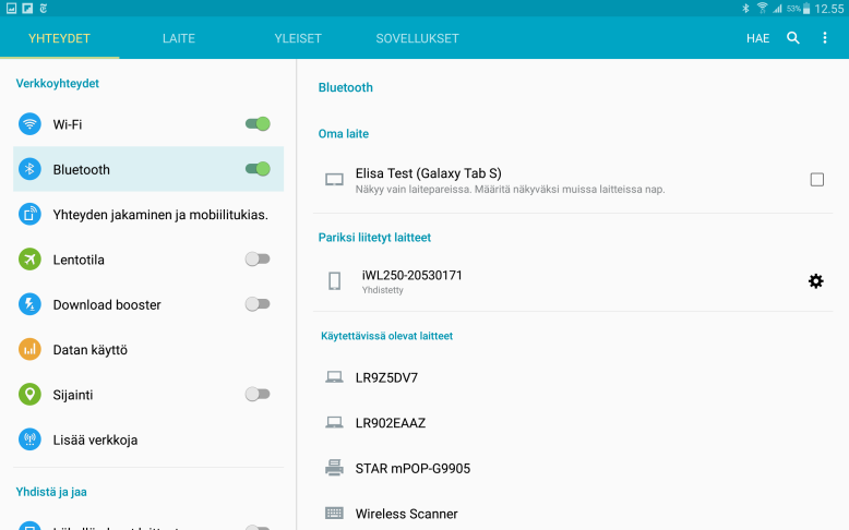 12 (33) Bluetooth-liitospyyntö tehdään tabletille siirtymällä tabletin asetuksissa osioon Bluetooth. Hae listalta iwl250 maksupääte ja valitse Parita.
