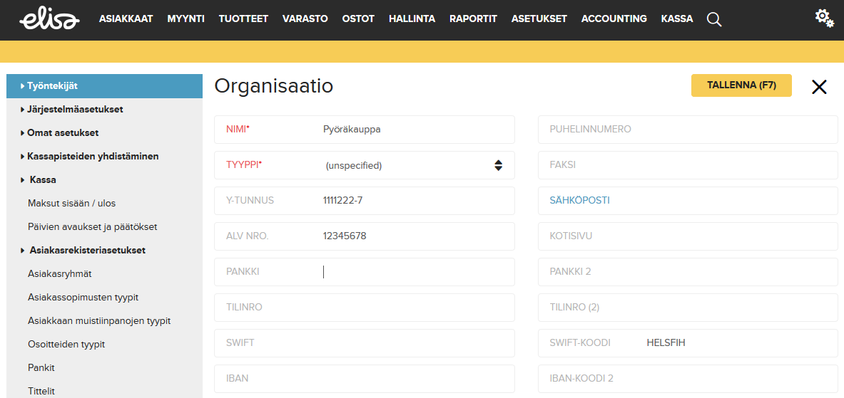 22 (33) 3 Yrityksen tietojen muuttaminen Käyttöönottoapurin avulla lisättyjä yrityksen/organisaation tietoja voidaan muuttaa Elisa Kassa - taustajärjestelmän puolelta.