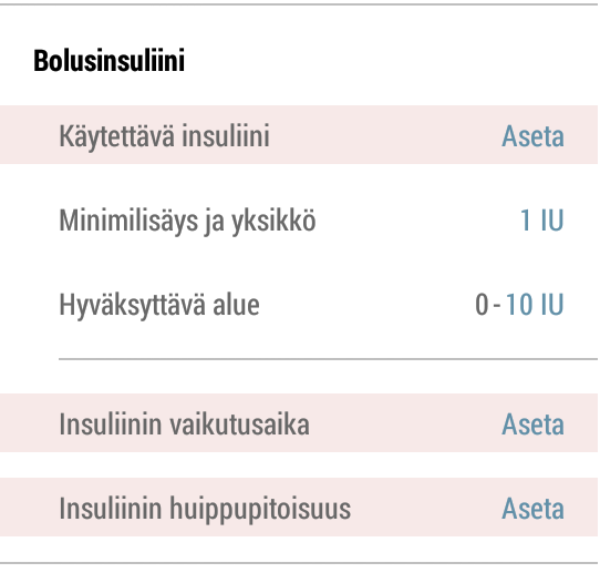 Hiilihydraatit Hiilihydraatteihin liittyvät asetukset määritellään otsikon Hiilihydraatit alla. Asetukset on selitetty tarkemmin seuraavassa taulukossa.