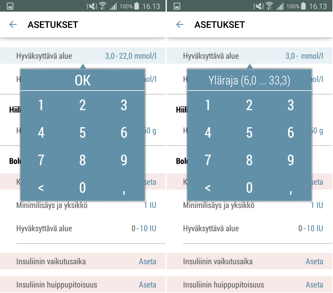 3.3.1.2 Hyväksyttävä alue 1. Napauta kohtaa Hyväksyttävä alue asettaaksesi alueen rajat. 2. Aseta ensin alueen alaraja.
