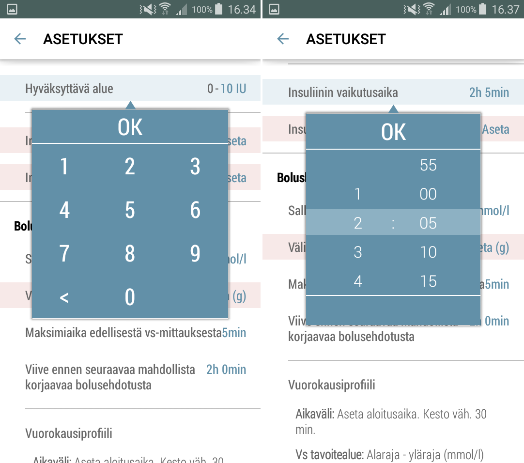 3.3.3.3 Hyväksyttävä alue 1. Napauta kohtaa Hyväksyttävä alue asettaaksesi bolusinsuliinin hyväksyttävän alueen ylärajasi. 2. Aseta yläraja.