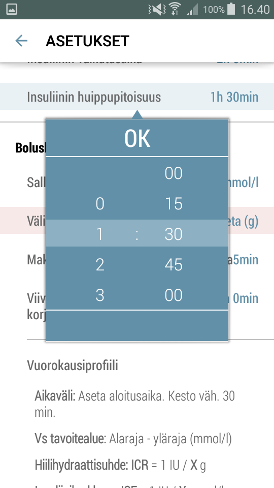 3.3.3.5 Insuliinin huippupitoisuus 1. Napauta Aseta kohdassa Insuliinin huippupitoisuus asettaaksesi kyseisen arvon. 2.