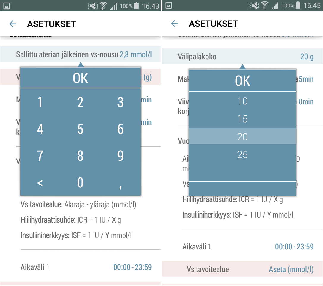 3.3.4 Boluslaskenta 3.3.4.1 Sallittu aterian jäkeinen VS-nousu 1. Napauta kohtaa Sallittu aterian jäkeinen VS-nousu. 2. Aseta haluamasi arvo.